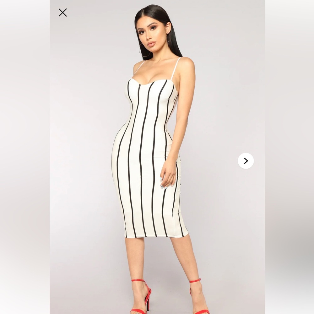 Fashion Nova Strapless White and Black Striped Dress